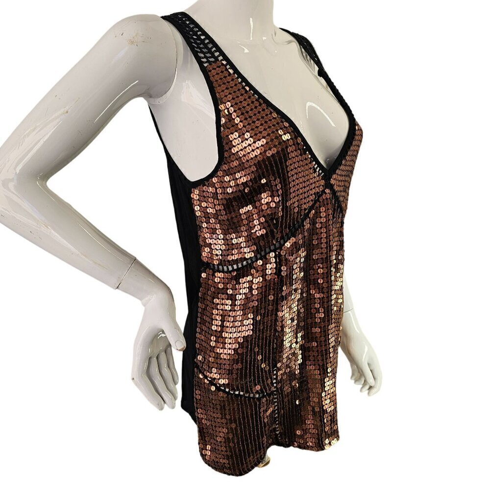Chelsea 28 Sequin Plunging V-Neck Tank Top Womens S Open Knit Detail Black Back
